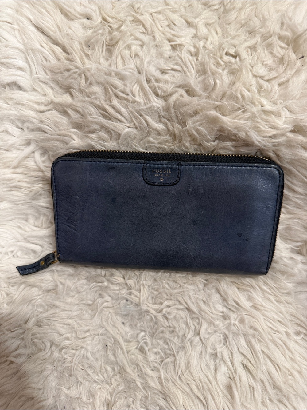 Fossil Sydney Zip-Round Clutch Blue Leather Wallet 8"x4"x1"‎ Gold Accents